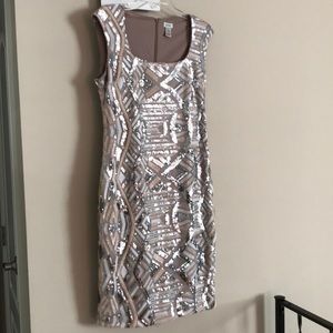 Cache, blush and silver sequin cocktail dress